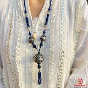 Blue Beaded Pendant Necklace with Silver Tribal Charms and Tassels